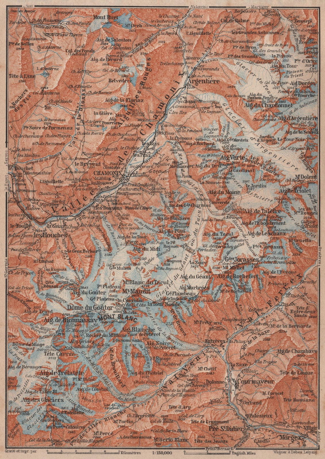 CHAMONIX & MONT BLANC MASSIF. Argentière Les Houches Courmayeur carte 1905 map